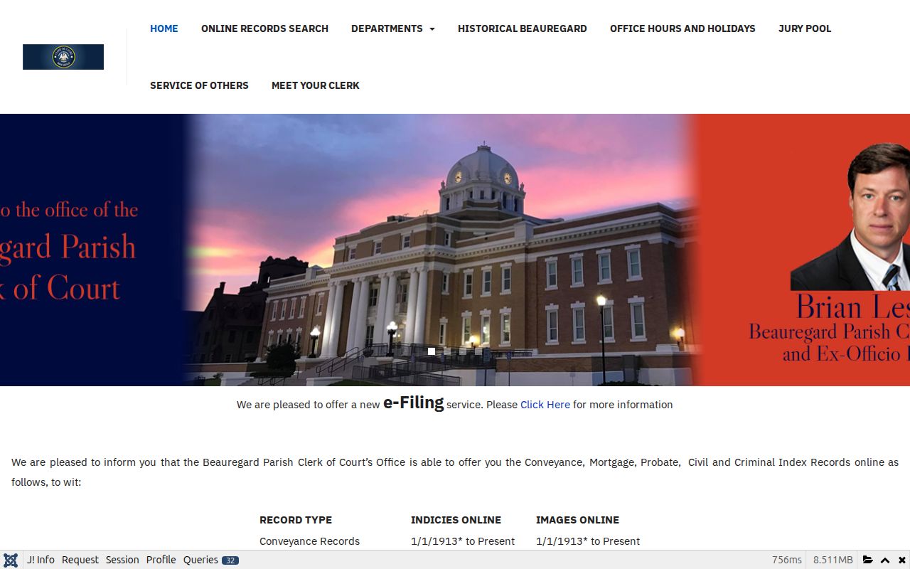 Beauregard Parish Clerk of Court departments page with online warrant record links