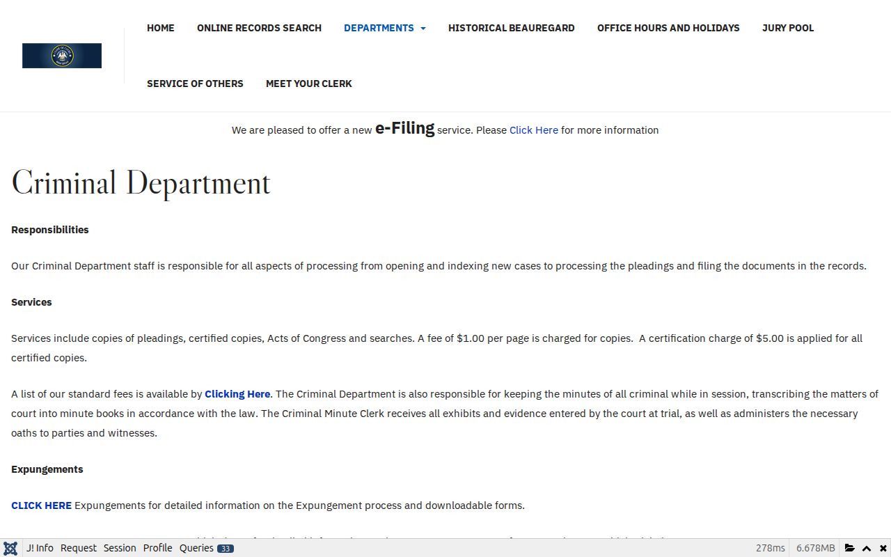 Beauregard Parish Clerk of Court criminal records services page with warrant case copy fees