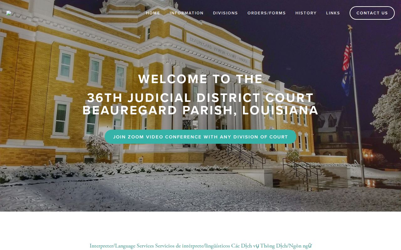 Beauregard Parish 36th Judicial District Court jurisdiction, address, and warrant case information page