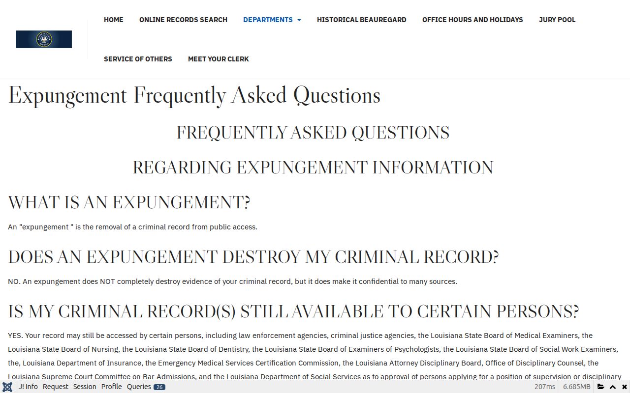 Beauregard Parish Clerk of Court expungement FAQ page with warrant record timing and forms