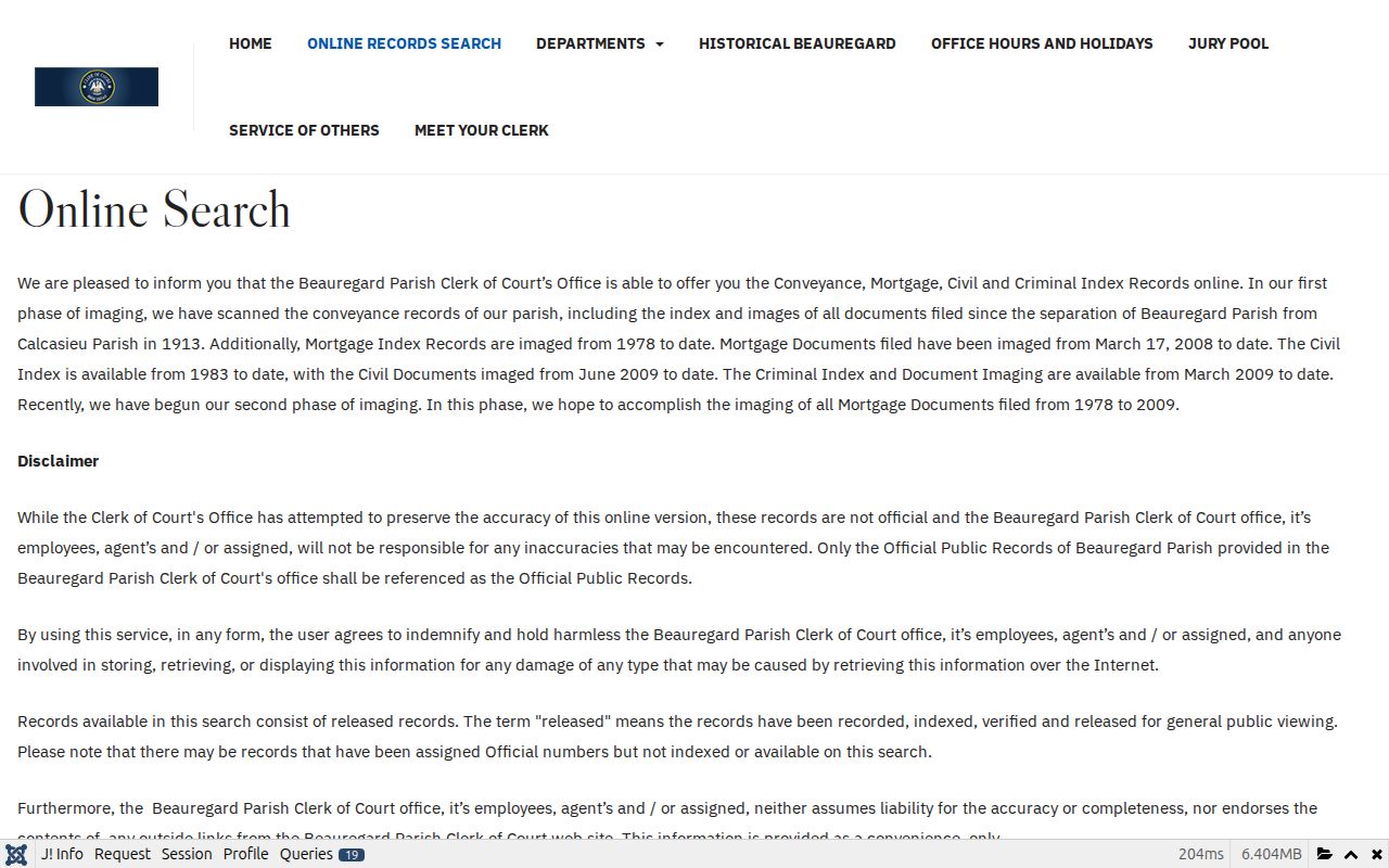 Beauregard Parish Clerk of Court online index login and disclaimer page for warrant case searches
