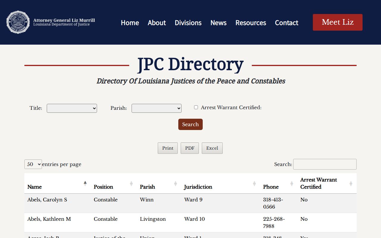 Beauregard Parish traffic warrant records and Justice of the Peace court certification listing
