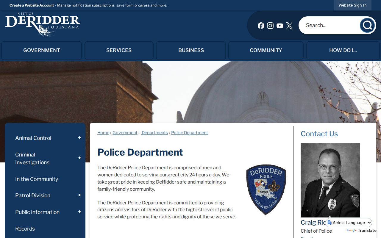 Beauregard Parish municipal warrant records and DeRidder Police Department contact page