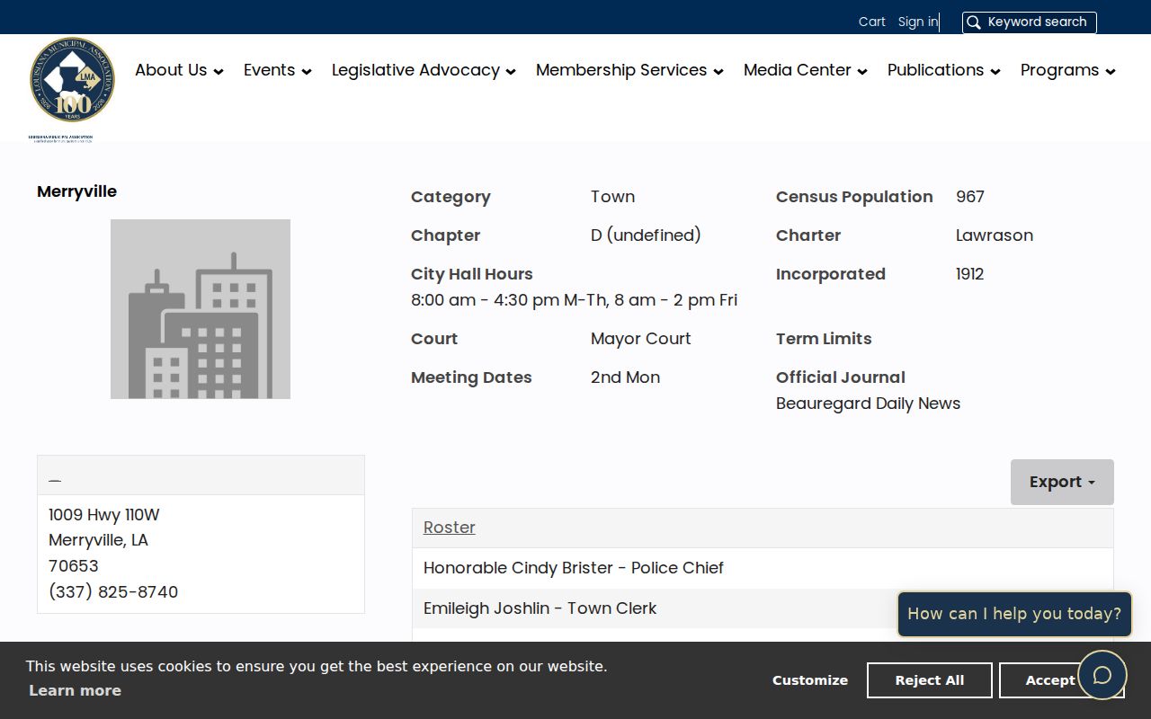 Merryville warrant records context showing the Town Hall contact and published hours from the municipal association profile