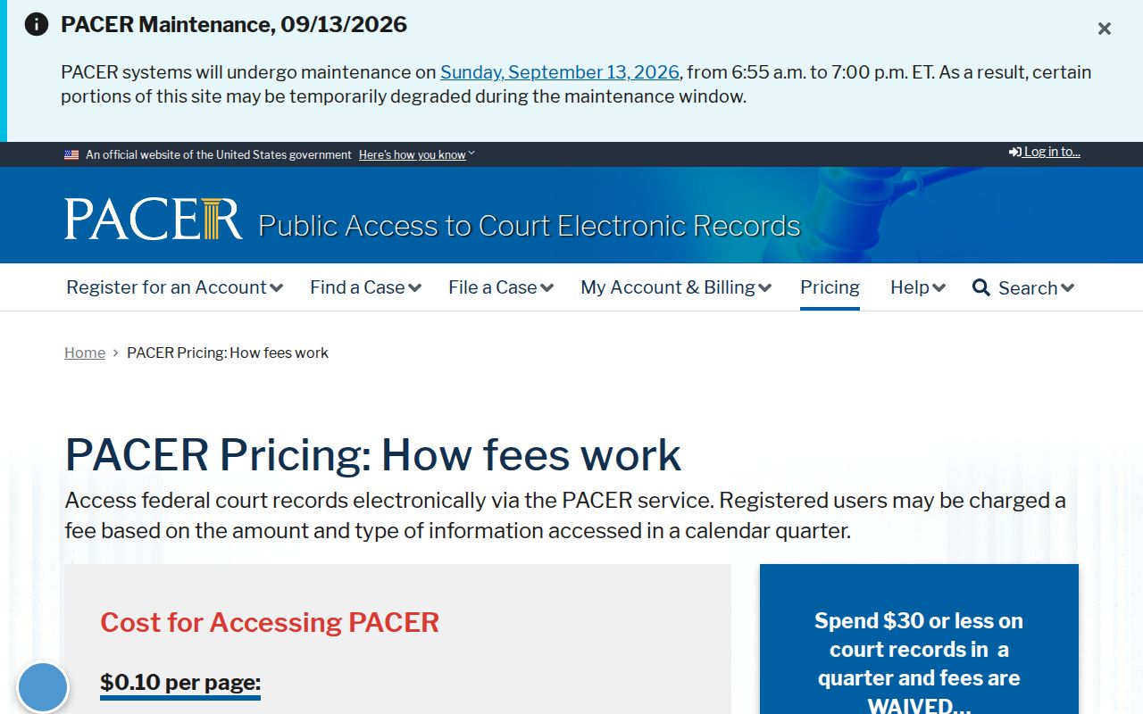 Beauregard Parish federal docket access fee page for checking arrest warrant case records
